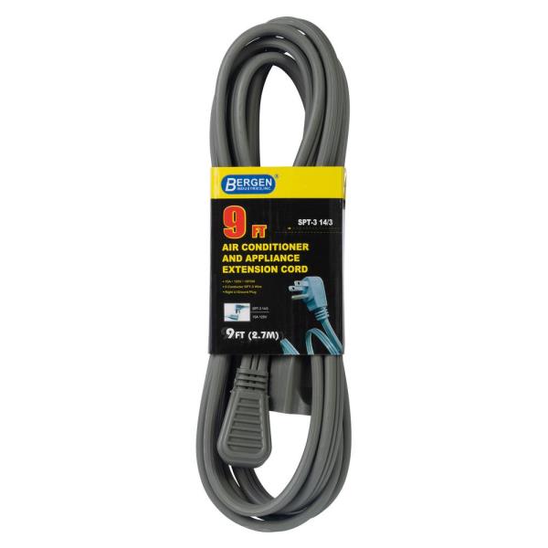 9 Ft. 14/3 SPT-3 Wire Air Conditioner/Major Appliance Extension Cord with Right U-Ground Plug, Gray