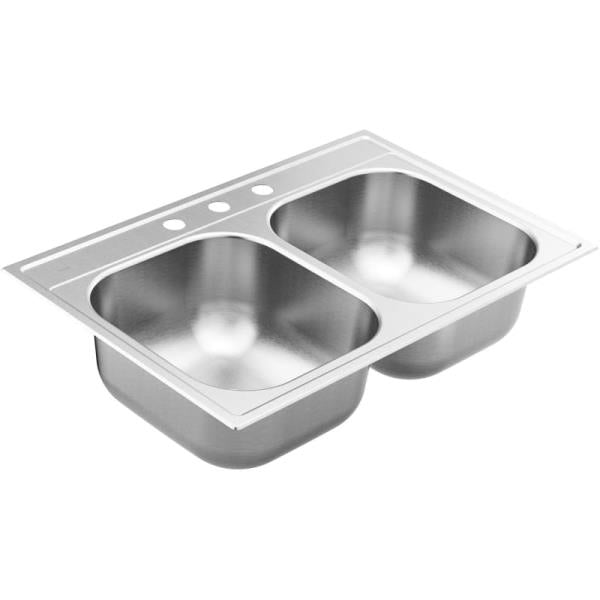 MOEN 2000 Series Stainless Steel 33 in. 3-Hole Double Bowl Drop-in Kitchen Sink with 8 in. Depth