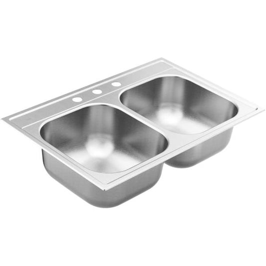 MOEN 2000 Series Stainless Steel 33 in. 3-Hole Double Bowl Drop-in Kitchen Sink with 8 in. Depth