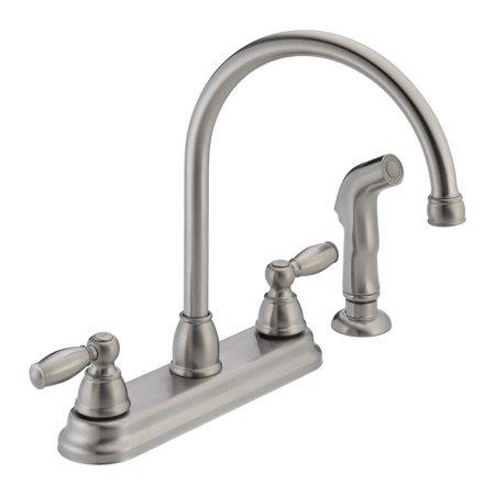 Peerless Claymore Apex Two Handle Stainless Steel Kitchen Faucet Side Wand Included