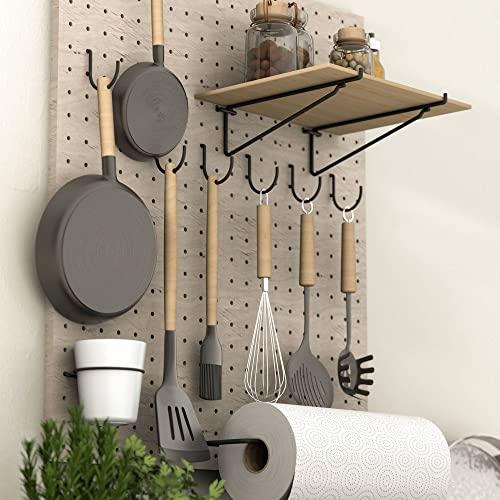 National Hardware N900-003 Metal Assortment PegBoard Storage with Rounded Hooks  Shelf  Paper Towel Holder and Cup for Kitchen Craft Garage  Black