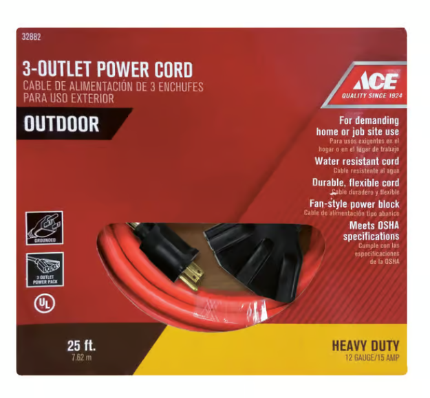 Ace Indoor or Outdoor 25 Ft. L Orange Triple Outlet Cord 12/3 STW